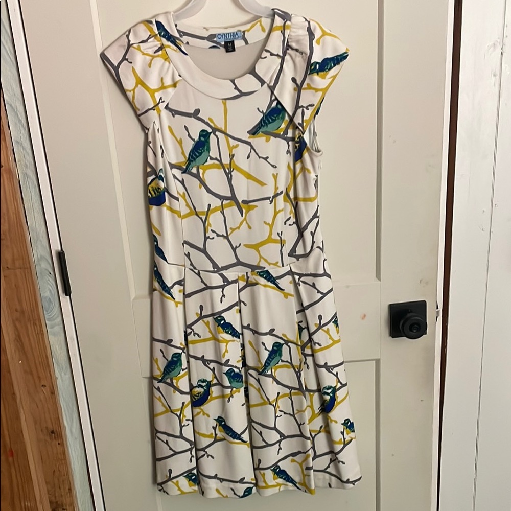 White and Yellow Bird Print Dress